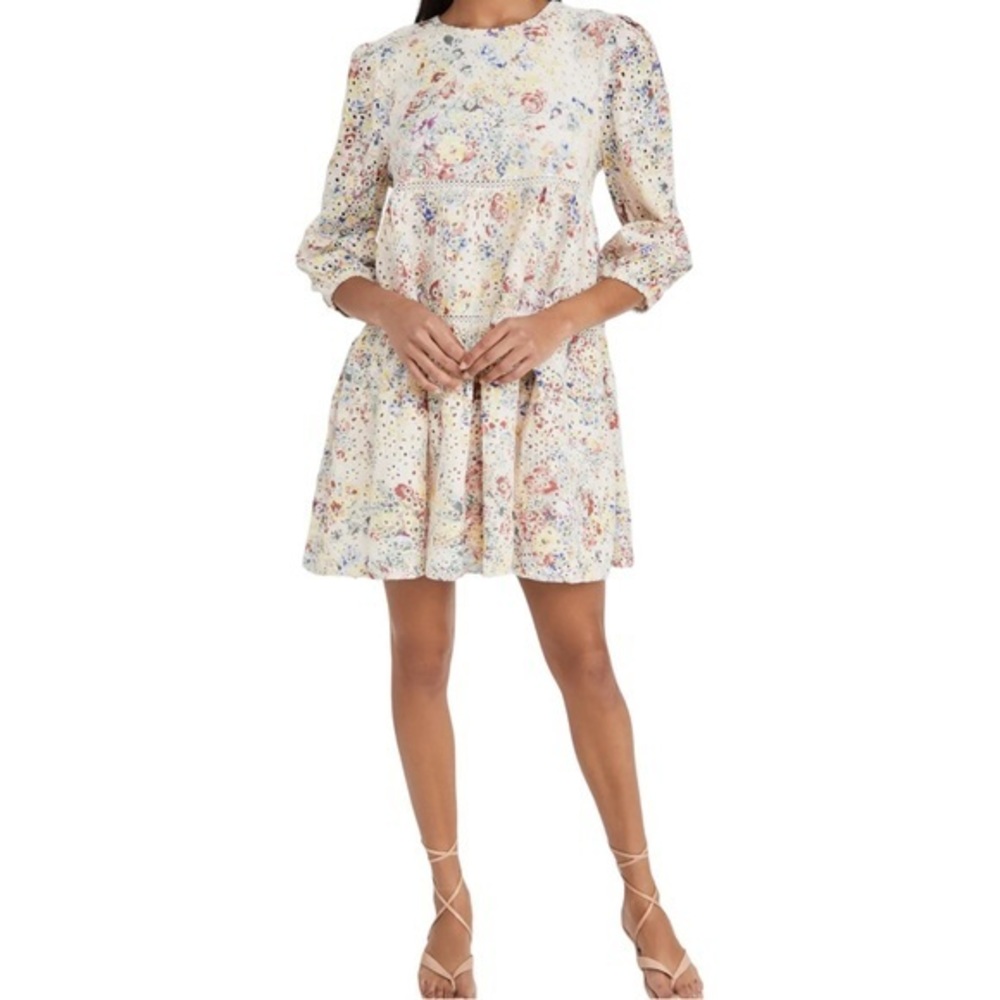 En Saison Women’s  Eyelet Floral Babydoll 3/4 Sleeve Mini Dress‎   Sz S